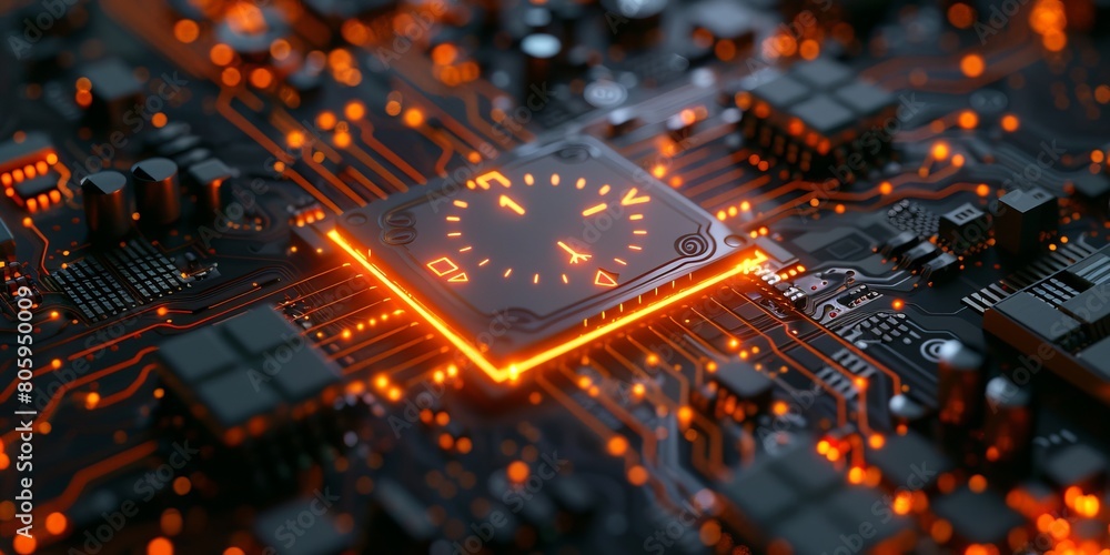 Aufkleber time technology concept with clock symbol on a microchip. orange neon data flows between users and t