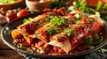Plate of enchiladas covered in red sauce, garnished with fresh cilantro