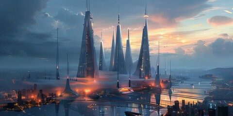 futuristic night eco friendly city with glowing lights and tall unusual shaped buildings
