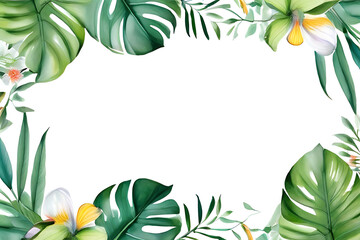 A lively tropical watercolor frame features lush monstera leaves, white flowers, and bright orange on a white background.