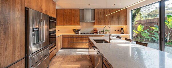 Modern kitchen with wood cabinetry covering fridge freezer dishwasher