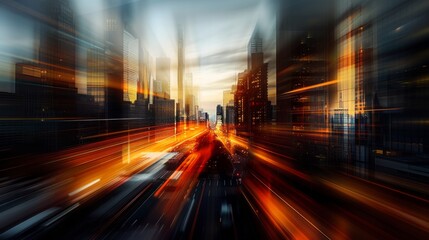 Dynamic urban scene with blurred motion of city traffic at sunset, illustrating speed and modern life, Concept of urbanization and motion

