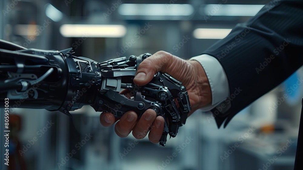 Poster Futuristic robot handshake with human, showcasing advanced AI and automation technology. Cyborg arm connects with man in blue, symbolizing human-machine partnership and innovation