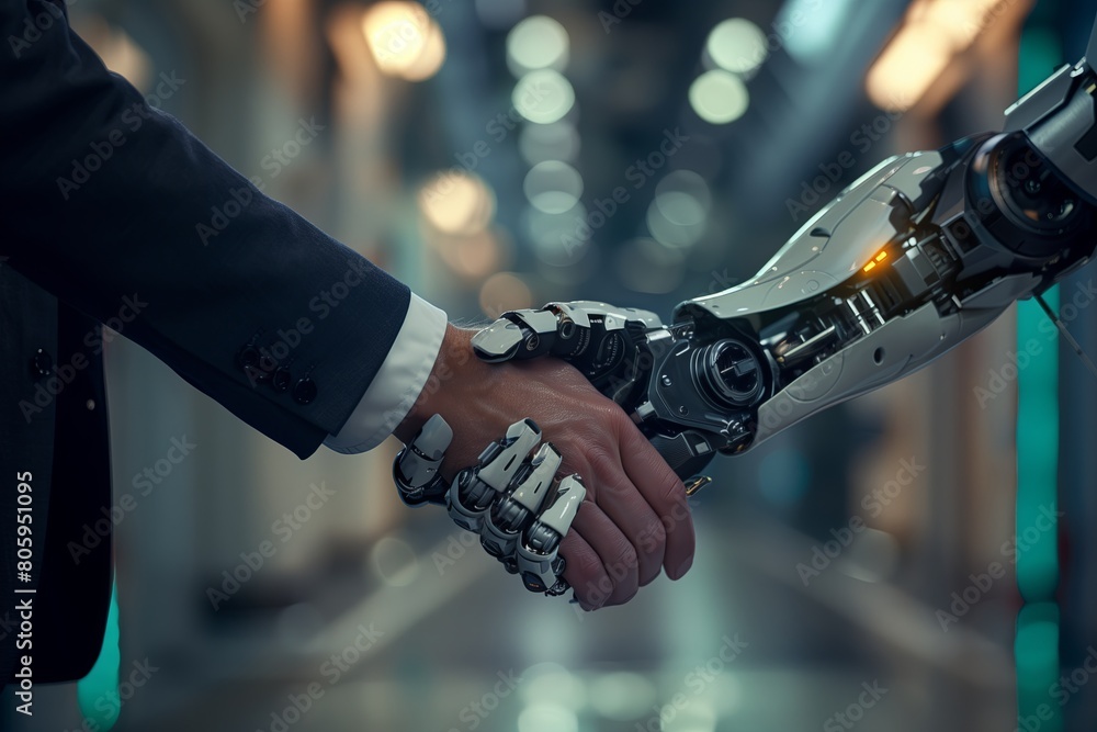 Poster Human-robot handshake, blending technology and partnership in futuristic setting. Cyborg and man connect, symbolizing cooperation and advancement in AI and automation.