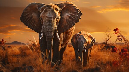 Golden Embrace: Elephant and Baby at Sunset