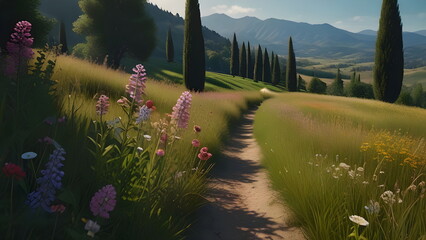 landscape with mountains, tree and flowers