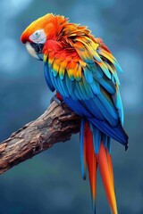 Macaw parrot with dazzling rainbow plumage, perched on a weathered branch