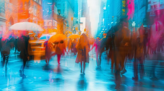 Blurred people walking in a fast motion in the street. Dizzy abstract image of busy city life and freedom. Graphic design of urban people doing their daily commute to work or downtown.