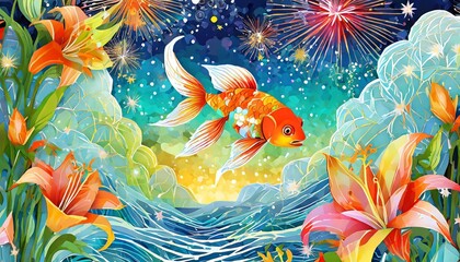 Fototapeta premium 華麗な金魚と花火、百合と共に夏の香りを届ける透き通るような色彩豊かなイラスト、夜空の壁紙とグラデーション generated by AI