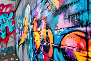 Bright graffiti painting on a wall made of brick, ideal for urban themes Vandalism on the wall. Creative background of modern street art

