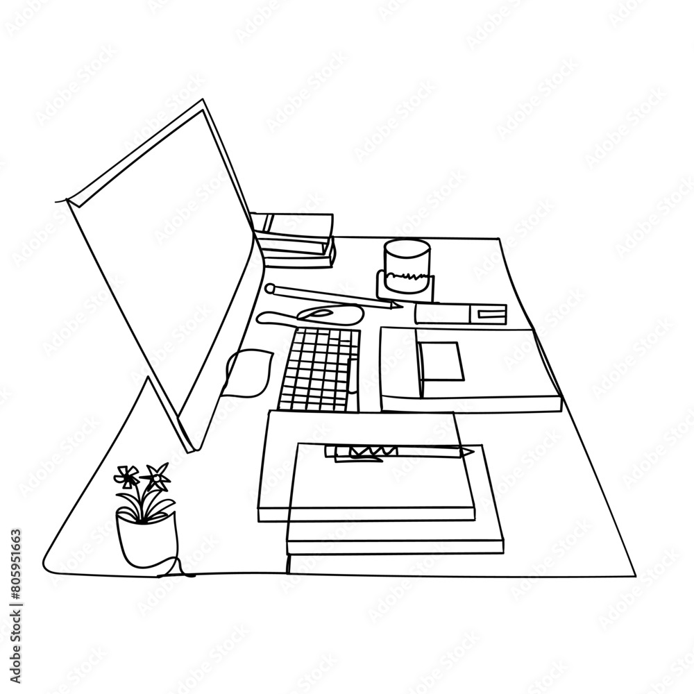 Poster continuous line drawing. a computer desk with a keyboard, mouse, and monitor on top. icon vector ill