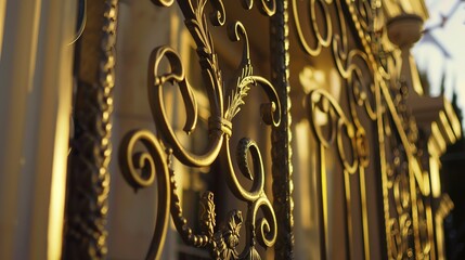 Luxury villa, ornate gate detail close-up, intricate ironwork, golden hour lighting