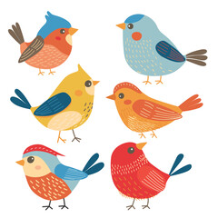 Six colorful cartoon birds illustrated against isolated white background. Different species illustrated, displaying blue, red, yellow, orange plumage, bird has unique pattern, simple shapes