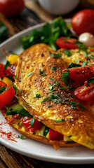 omelette with vegetables on a white plate for breakfast on a  wooden background