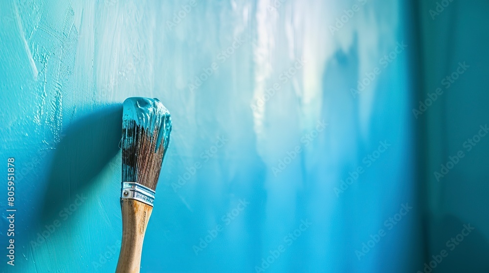 Wall mural Home renovation, paintbrush on freshly painted wall close-up, vibrant blue, natural light