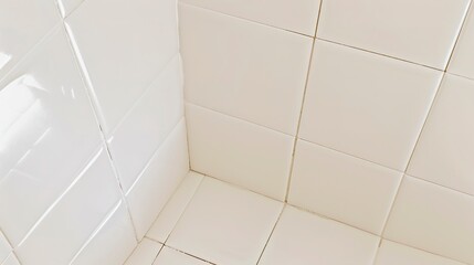 Bathroom revamp, grouting shower tiles close-up, precise application, soft overhead light 
