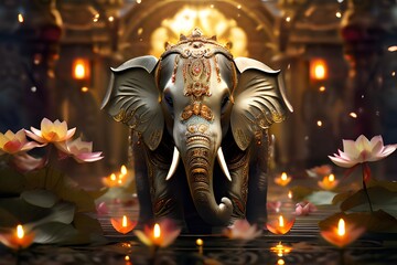 Indian elephant decked out for a celebration Imagine a stylish elephant wearing a silk sarong that flows and is embellished with golden bangles and elaborate patterns. It has an air of royal grandeur  - obrazy, fototapety, plakaty