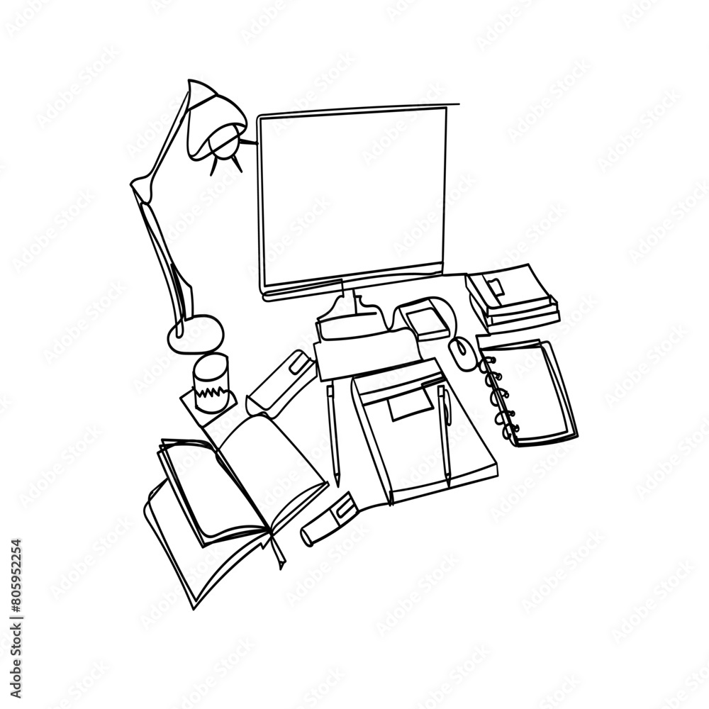 Poster continuous line drawing. a computer and books on a desk, perfect for studying or working from home. 