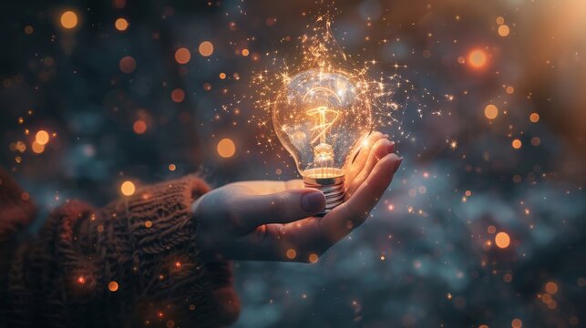 Hand holding light bulb with creative sign. Concept of Idea, creativity, brainstorming and inspiration. Invention and genius concept. Imagination and innovation of business. Design creativity.