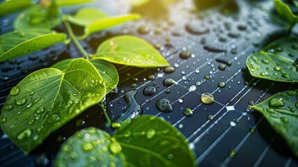 Close up of a solar panel with green leaves and water
drops on a blurred background, with sunlight reflection