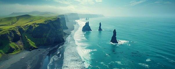 Aerial view of Reynisdrangar sea stacks near Vik, Iceland.