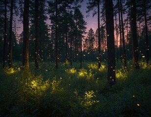 Wander through a forest landscape at twilight, with fireflies dancing among the trees and owls hooting in the distance.
