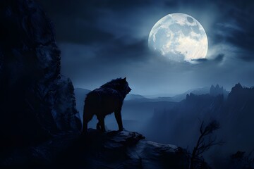 An incredibly accurate portrayal of a lone wolf in the moonlight.The delicate outline of a lone wolf in the light of a full moon, representing the wildness of the outdoors.

