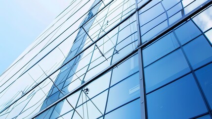 Fototapeta premium Modern commercial building facade, glass panels close-up, reflection of blue sky
