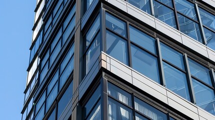 High-rise building corner view close-up, contrasting materials, clear day 
