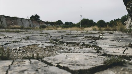 Vacant urban plot, cracked concrete close-up, remnants of past structures, overcast day 