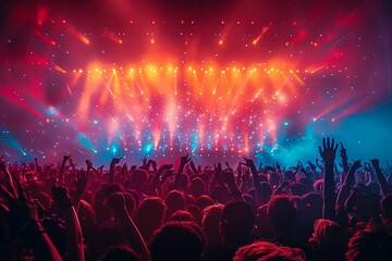 Silhouette of a crowd cheering at a big concert, the crowd cheers the show, raises their hands up