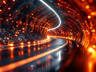 Abstract background of light rays in a tunnel with speed effects,Orange and red blurry light