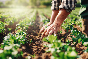 Fototapeta premium A farmer tends to rows of crops, hands dirty but heart full as they nurture the land.