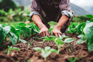 A farmer tends to rows of crops, hands dirty but heart full as they nurture the land.