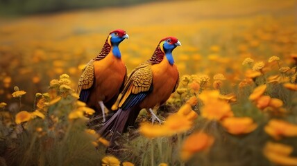  Two golden pheasants strutting proudly side by side through a field of wildflowers  - obrazy, fototapety, plakaty
