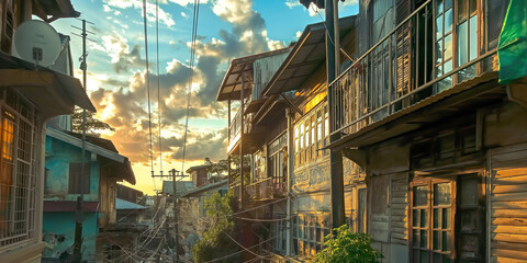 Retro style house inThailand, slum community in Thailand with electrical wire that look confuse,