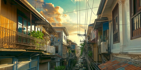 Retro style house inThailand, slum community in Thailand with electrical wire that look confuse,