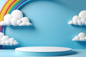 Podium with a cloud and rainbow for product presentation. Cartoon rainbow arch of colors in the sky rain season for banner, cover, and brochure. 3D rendering illustration.