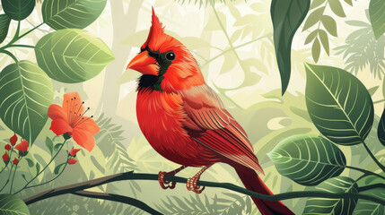Vibrant red cardinal sitting on a branch amidst lush tropical foliage and flowers.