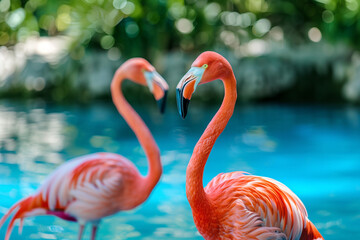 Obraz premium Photo of flamingos standing in clear blue sea