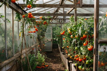 Beautiful red ripe tomatoes grown in a greenhouse. Rows of ripe homegrown tomatoes before harvest. Organic farming