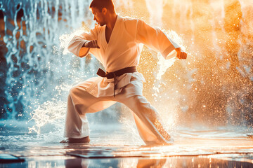 A martial artist breaks a board with a powerful strike, focus unwavering.