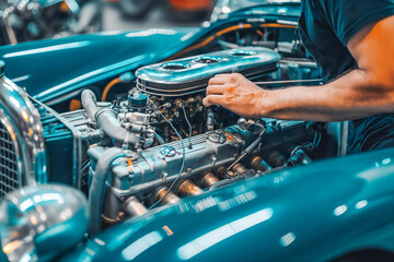 A mechanic restores a classic car to its former glory, passion for engines evident in every detail.