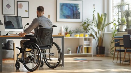 Wheelchair user working on a laptop bag mockup in a well-lit design studio --ar 16:9 --style raw Job ID: 3274e3fe-691d-4ace-b827-96720418cdd2