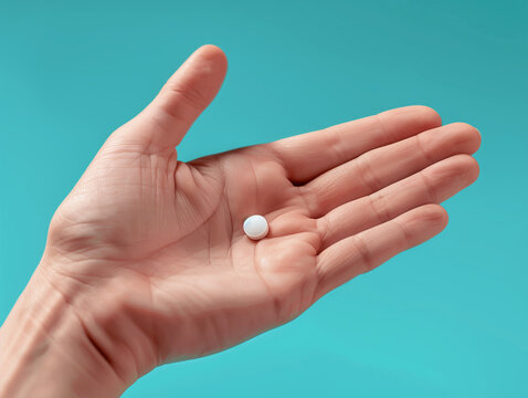 Main ouverte avec une pilule blanche dans la paume, m&eacute;dicament