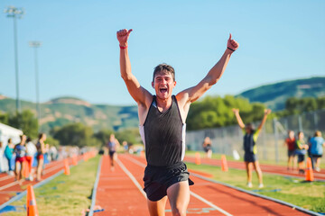 A runner sprints across the finish line, arms raised in triumph.