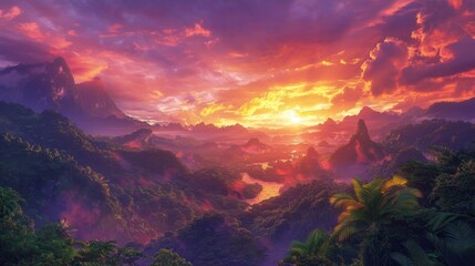 Against the backdrop of a vibrant sunset sky, the silhouette of majestic mountains is adorned with lush forests and rugged rocks, painting a stunning panorama.