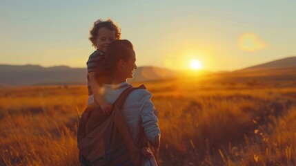 Fototapeta premium Against the backdrop of the setting sun, a delighted mother carries her son on her back, relishing the simple joys of togetherness in the great outdoors.