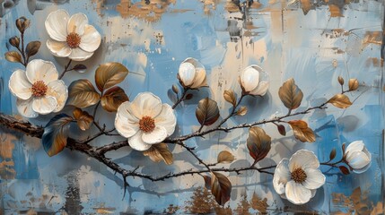 Abstract style painting white flower with leaves