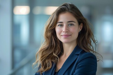 Confident young businesswoman in office, smiling, professional attire. Successful female executive standing, modern corporate lifestyle. Closeup portrait with office background.